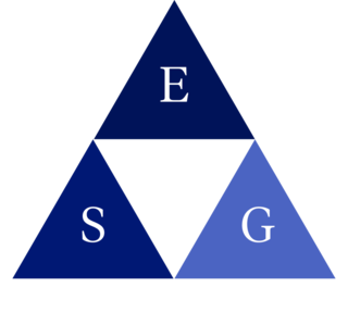 graphic of a triangle made up of 3 blue triangles with a white triangle in the center. Each blue triangle has a letter in the center, E, S, G